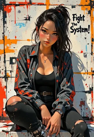 Digital painting of a stylish cyberpunk woman with a high ponytail wearing ripped jeans and a patterned jacket, sitting confidently against colorful graffiti wall with the text 'Fight The System!'