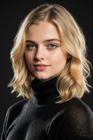 Portrait of a blonde 20-year-old teen woman with styled wavy hair and dimples, wearing a black sweater, captured with cinematic and studio lighting effects.