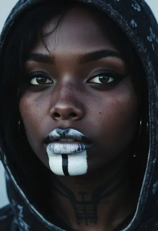 Closeup of a dark skinned freckled tattooed emo girl wearing a hood, with white eye makeup and distinctive black and white chin tattoo.