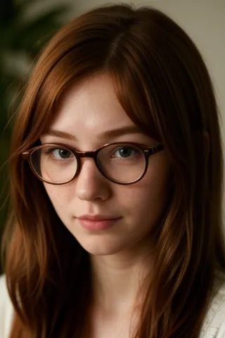 Photorealistic portrait of a young ginger girl with long hair, glasses, freckles, and a shy expression in soft lighting.
