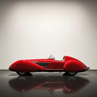 Side profile of a red 1939 Alfa Romeo 6C 2500 SS Berlinetta Aerodinamica touring car in minimalist industrial style with high contrast museum exhibit lighting and dark reflective floor.