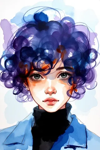 Vibrant abstract watercolor portrait of a young girl with curly hair in blue and purple hues, wearing a black turtleneck and blue jacket.