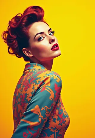 Portrait of a woman with red hair styled in vintage waves wearing a patterned jacket against a bright yellow background in pop art style.