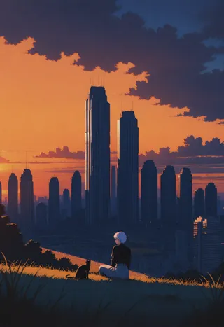 A retro anime-style cityscape at sunset showing a girl with short white hair sitting on grass beside a black cat, with tall skyscrapers silhouetted against an orange sky.