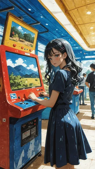Woman with long black wavy hair and hairpins playing on a vintage arcade machine in an arcade, rendered in an impressionism traditional painting style.