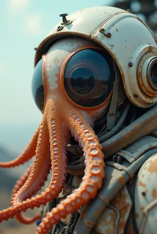 Close-up of a rusty, weathered mecha helmet worn by an octopus with detailed tentacles, featuring large dark eye lenses and mechanical suit elements.