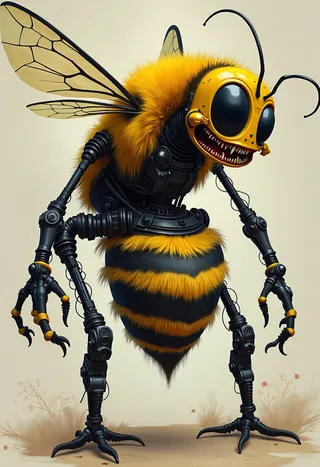 A creepy mechanical chimera blending a bee, terminator, and fan with robotic limbs and large cartoonish eyes, showing a humorous caricature style.