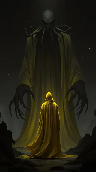 A towering dark tentacled figure with glowing eyes looming over a smaller cloaked figure in yellow robes, set in a shadowy cosmic horror atmosphere.