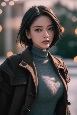 Realistic close-up portrait of a woman with short bob haircut wearing a grey turtleneck sweater and brown overcoat, standing outdoors at night with bokeh background.