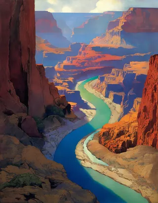 A Parrish-style painting of the Grand Canyon featuring dramatic red and orange cliffs with a winding green and blue river under a soft blue sky from a bird's eye view at sunset.