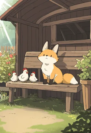 Cute fox sitting on a wooden bench next to three white chickens, surrounded by garden plants and sunlight.