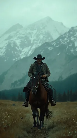 A man wearing a cowboy hat riding a horse on a grassy path with a foggy mountain range in the background, captured in a cinematic, realistic style.