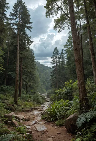 A realistic depiction of a dense rainforest under a cloudy sky, featuring a rocky pathway winding through lush green vegetation and tall trees, with a concrete obelisk centrally visible in the distance.