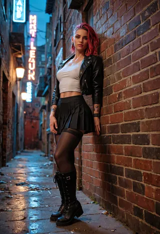 A punk-styled girl with pink hair wearing a white crop top, black leather jacket, short pleated skirt, black leggings, and black boots leans against a brick wall in a neon-lit dark alley.