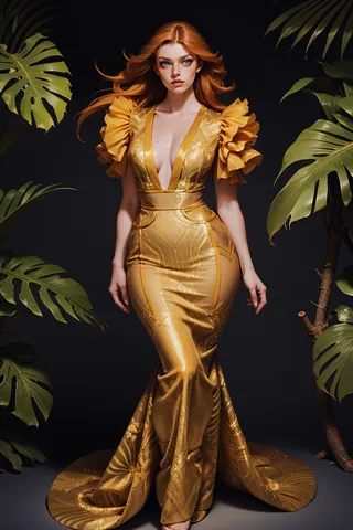 A full-body portrait of a woman with ginger hair and freckles wearing a luxurious mustard long dress with puffed short sleeves, standing against a dark background with jungle leaves.