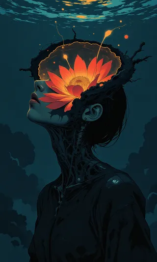 A surreal portrait of a woman with an elongated, ribbon-like face, hollow head blooming with a glowing crimson and gold flower, set against a dark blue background.