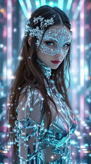 Portrait of a French model wearing an intricate silver masquerade mask and a semi-transparent metallic bodysuit with futuristic armor details in a neon-lit virtual environment.
