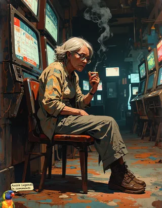 Elderly woman with gray hair and glasses sits slouched on a wooden chair in a dimly lit room filled with old slot machines, smoking a cigarette with smoke curling upward.