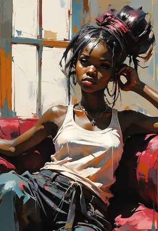 Photorealistic portrait of a black woman with an afro hairdo relaxing on a red sofa, wearing a white tank top and dark casual pants, bathed in hard light casting strong shadows from a classic French window, set against an abstract colorful background.