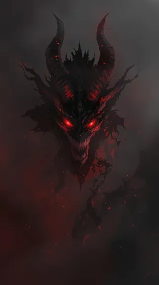 Dark evil demon head with glowing red eyes and large twisted horns, surrounded by hazy dark gray and red atmospheres with fragmented edges.
