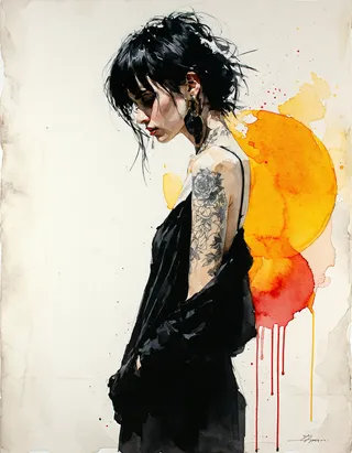 Minimalistic ink and watercolor sketch of a tattooed woman with messy black hair in a black linen dress, posed with a tilted head and a colorful watercolor splash behind her.