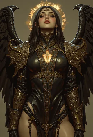 A fallen angel with blackened wings and a glowing golden halo, wearing ornate gothic armor with intricate golden designs, looking down with a fierce, fiery gaze and a scarred face.