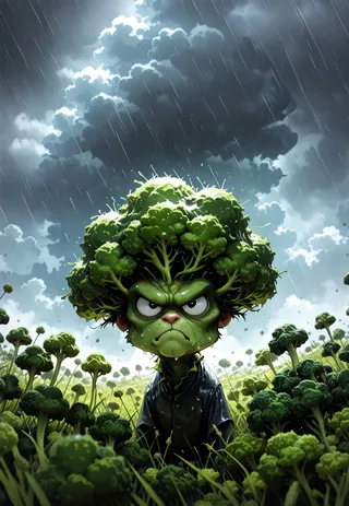 A grumpy broccoli character with a broccoli head and wet shiny skin standing in a meadow under heavy rain with dark rain clouds and volumetric lighting.