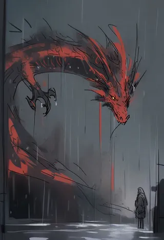 Sketch art of a large red and black dragon emerging in the rain at night facing a lone figure.