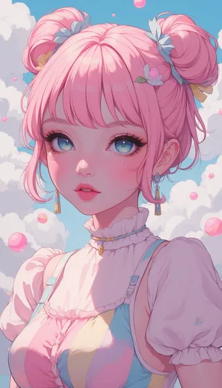 Whimsical portrait of a girl with bubblegum pink hair styled in buns, wearing a pastel-colored candy-themed dress, set against a background of pastel clouds and floating candies.