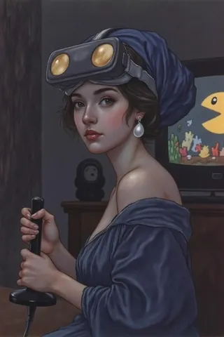 Young woman wearing a deep blue VR headset with golden lenses, holding a joystick, with a pearl earring and a Pacman game on a monitor behind her.