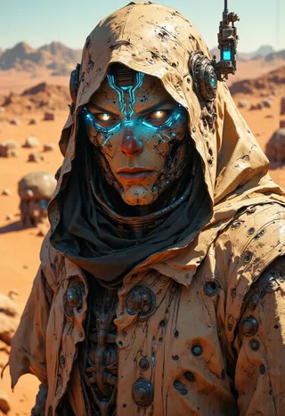 Close-up of a cybernetic figure with a sand-colored hooded cloak covered in rugged fabric and metallic elements, glowing blue eyes with neon circuitry patterns, standing in a warm desert environment.
