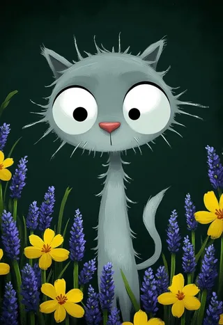 Whimsical grey cat with spiky fur and large round eyes standing among vibrant lavender and yellow flowers on a dark green background in a Tim Burton inspired digital painting style.