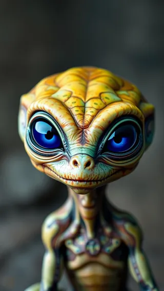 A hyperrealistic, full-height cute alien creature with bright yellow-orange skin, intricate patterns, and large striking blue eyes, rendered with highly detailed skin texture and bright contrasting colors.