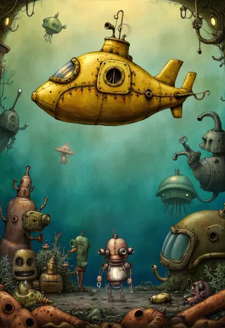 A yellow steampunk submarine floats underwater surrounded by various mechanical sea creatures and robots in a surreal fantasy environment, illustrated in a detailed, painterly Machinarium style.