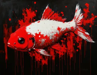 Abstract acrylic painting of a goldfish underwater with bold red, white, and black colors on a dark background