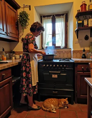 An Italian woman in a floral dress with an apron stirs a pot on a vintage stove in a cozy, rustic kitchen with wooden cabinets and an orange tabby cat resting on the terracotta floor.
