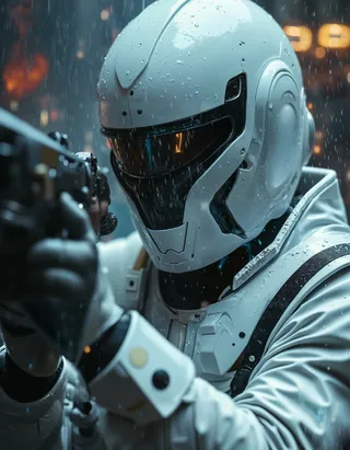 Close-up of a futuristic soldier wearing a sleek white helmet with a dark reflective visor, holding a high-tech pistol in a heavy rainy urban battlefield scene, cinematic lighting highlights wet surfaces and rain droplets.
