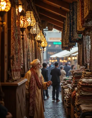 An elderly Persian salesman wearing a traditional gown and turban stands proudly at his market stall filled with richly patterned Persian rugs under warm glowing Persian-style lamps in a busy bazaar.