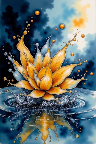 Watercolor sketch featuring an abstract liquid explosion centered around a golden flower with silver droplets and a blue gradient background.