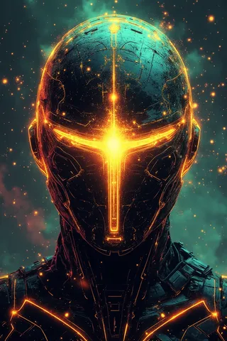 A close-up on a dark futuristic helmet with metallic textures glowing with an intricate radiant light in front of a cosmic starry background.