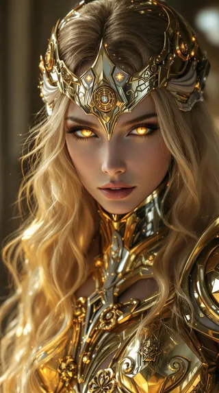 Portrait of a female Virgo Golden Saint-inspired character wearing intricate golden and silver armor with a metallic celestial-patterned mask, glowing golden eyes, and flowing blonde hair.