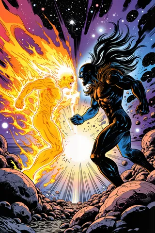 A retro comic style illustration showing two warriors locked in combat in space; one is a fiery plasma figure and the other a shadowy dark figure, with vivid cosmic background.