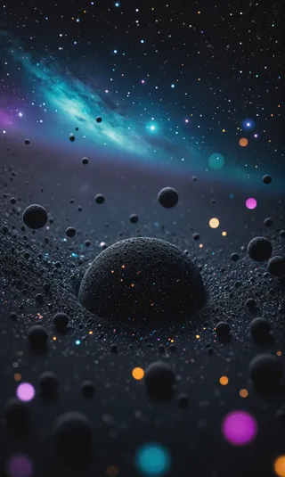 Close-up of black textured spheres floating on air surrounded by colorful bokeh lights against a dark cosmic background with stars and nebula.