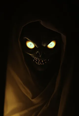A sinister creepypasta demon with glowing large eyes and a frightening smile lurking in a dark, sepia-toned room, partially hidden in shadows.