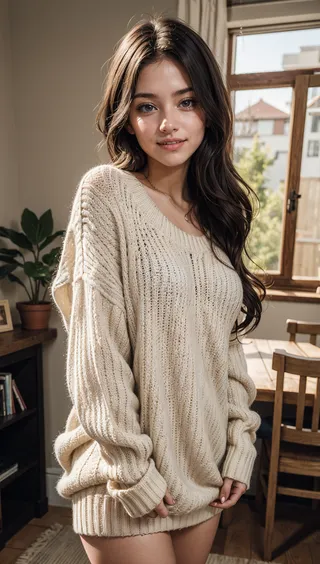A young woman with long dark hair and dimples wearing a cozy oversized cream sweater standing indoors near a window with natural soft sunlight.