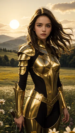 Young woman in reflective golden armor stands in a sunlit wildflower meadow, her brown hair flowing and eyes determined.