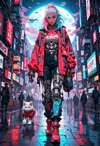 Full body cyberpunk girl with pink and blue mohawk, cybernetic implants, and red sneakers walking in a neon-lit futuristic city at night alongside a robotic white cat.