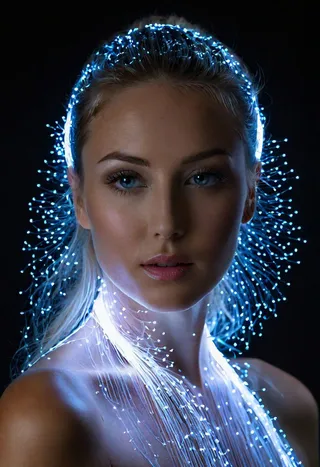 Photorealistic portrait of a woman illuminated by glowing blue fiber optic strands with ethereal light painting effects in a dark studio setting.