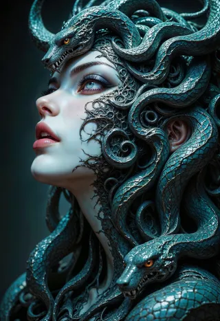 Profile of Medusa Gorgon with porcelain complexion and sultry expression, her head entwined with intricately detailed, angry snakes with glowing eyes.