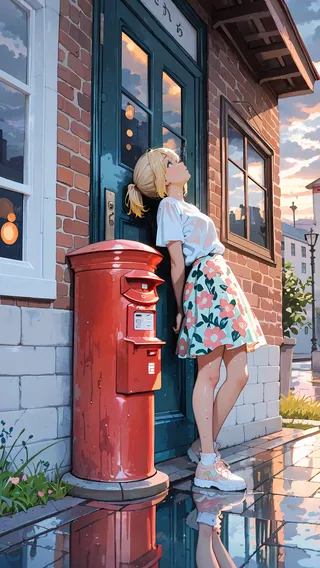 A blonde girl with a short ponytail wearing a white shirt and floral skirt leans against a blue door next to a red postbox on a wet, reflective sidewalk in a warm city setting.